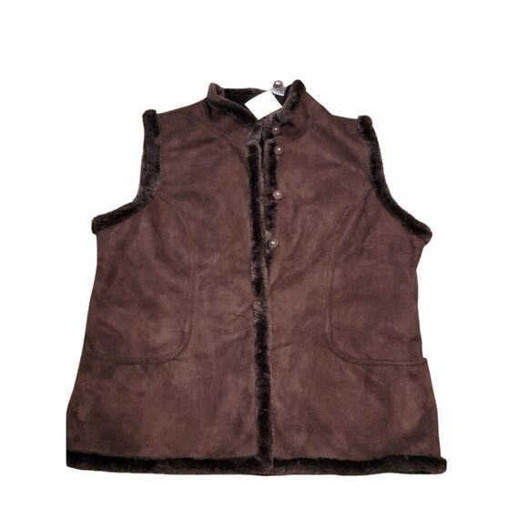 Denim & Co Brown Layer Vest XL Women's Faux Suede Fur Trim Pockets Winter Sporty - Picture 2 of 13